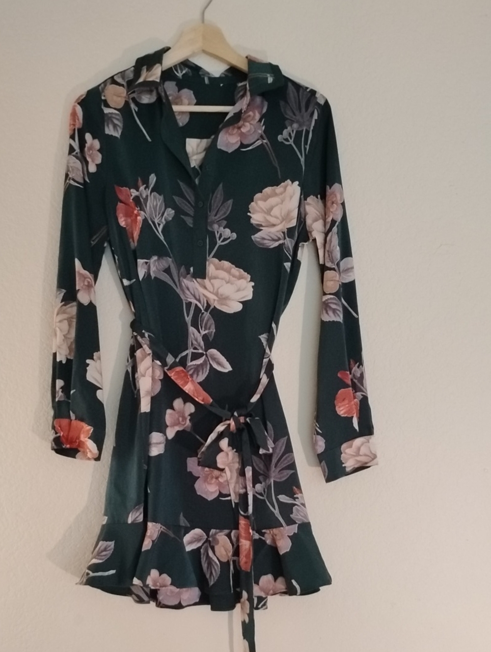 Tie-Waist Dark Green Shirt Dress With Ruffle Hem - Picture 2 of 11